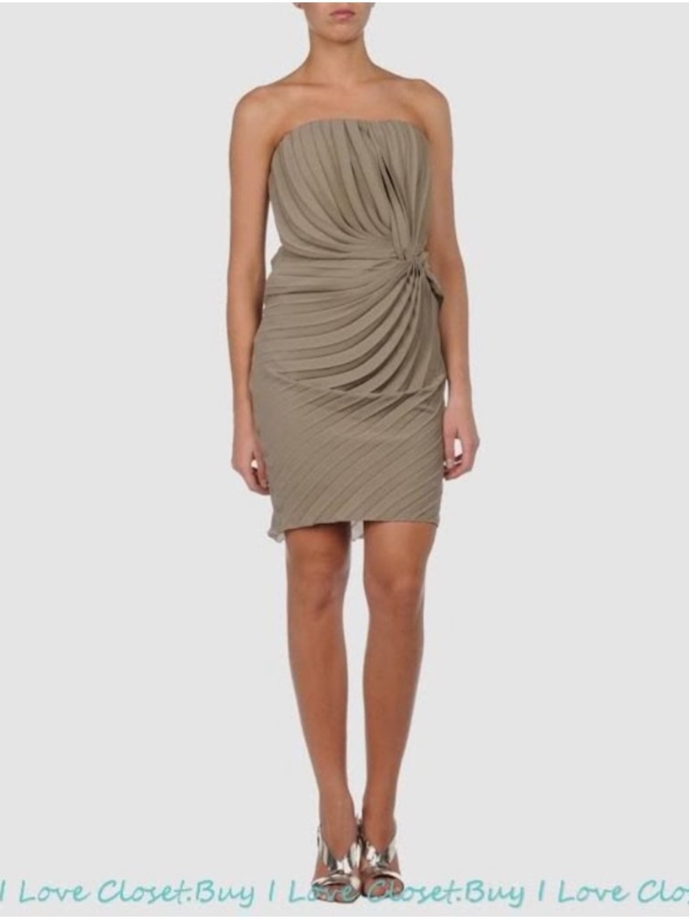 ANNA MOLINARI 100% Silk Chiffon IT 40 US 4 Taupe Pleated Strapless Knotted Dress